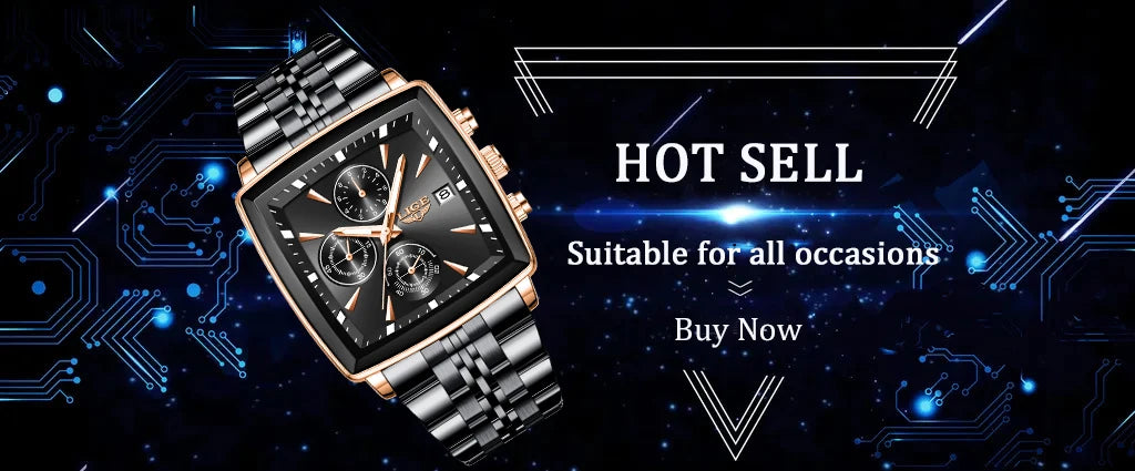 LIGE Fashion Luxury  Watches for Men Square Dial Stainless Steel Waterproof Luminous Auto Date Chronograph Quartz Man Watch+Box