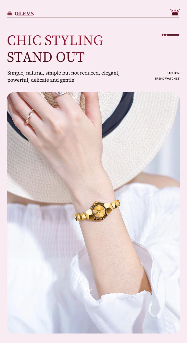 OLEVS 7007 Ladies Watches Original Quartz Wristwatch Rhombus Mirror Diamond Scale Tungsten Steel Watch for Women Bracelet Set