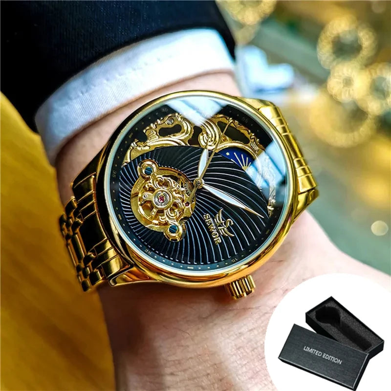 Royal Tourbillon Skeleton Watch for Men Gold Retro Automatic Mechanical Watches Stainless Steel Strap Luxury Brand Wristwatches