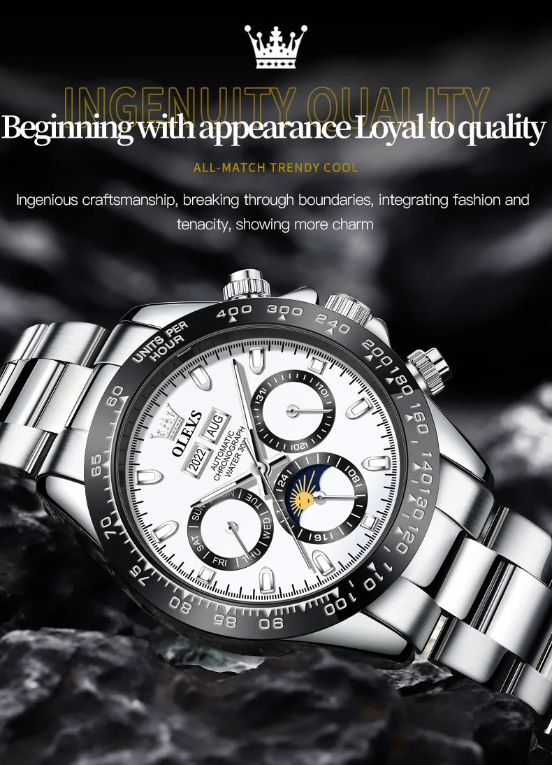 OLEVS 6654 Top Brand Men's Watches Classic Fashion Automatic Mechanical Watch for Man Complete Calendar Moon Phase Waterproof