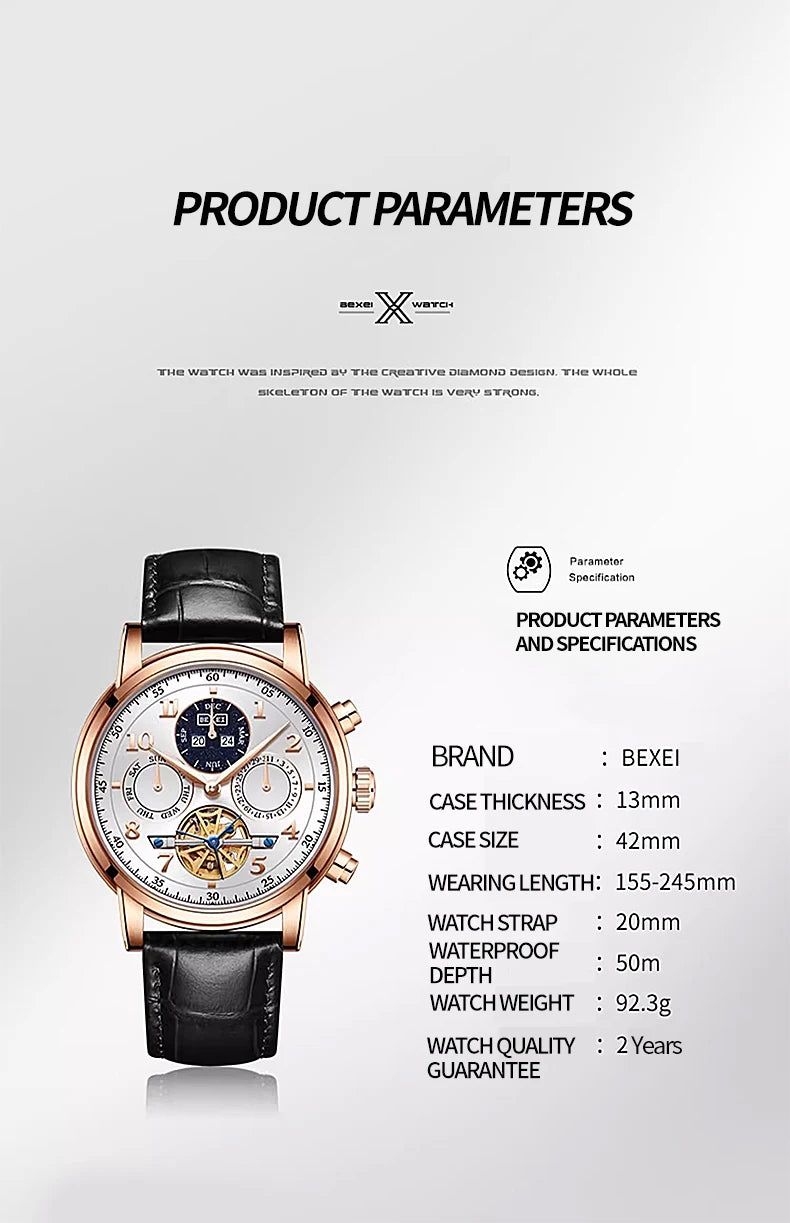 BEXEI 2025 Perpetual Calendar Automatic Watch Waterproof Mens Watches Top Brand Luxury Tourbillon Mechanical Watches for Man