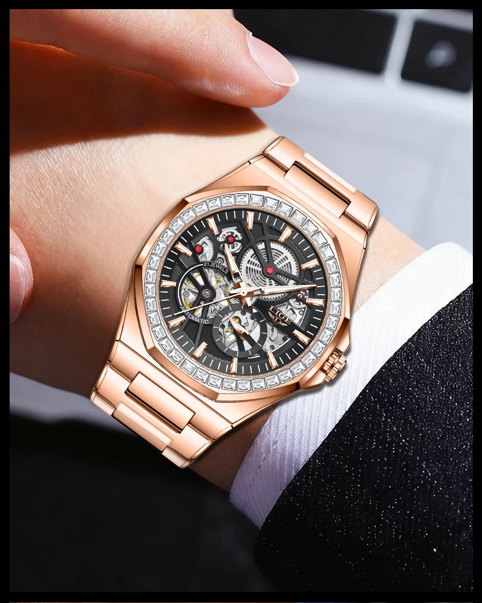 LIGE New Luxury Rose Gold Waterproof Watches For Men Casual Business Watch Men Luminous Automatic Men's Mechanical Wristwatch