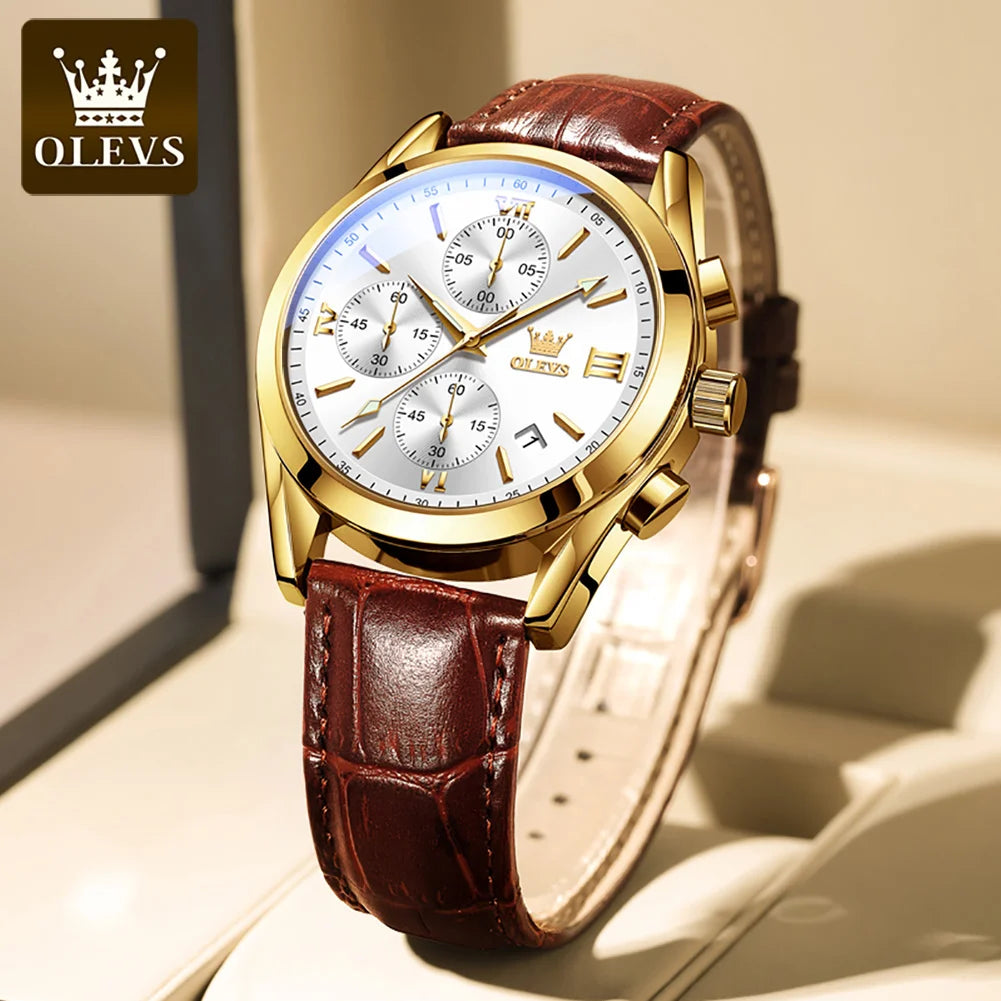 OLEVS 2872 Chronograph Men's Wristwatches Leather Strap Waterproof Luminous Original Quartz Watch for Men Luxury Sport Man Watch