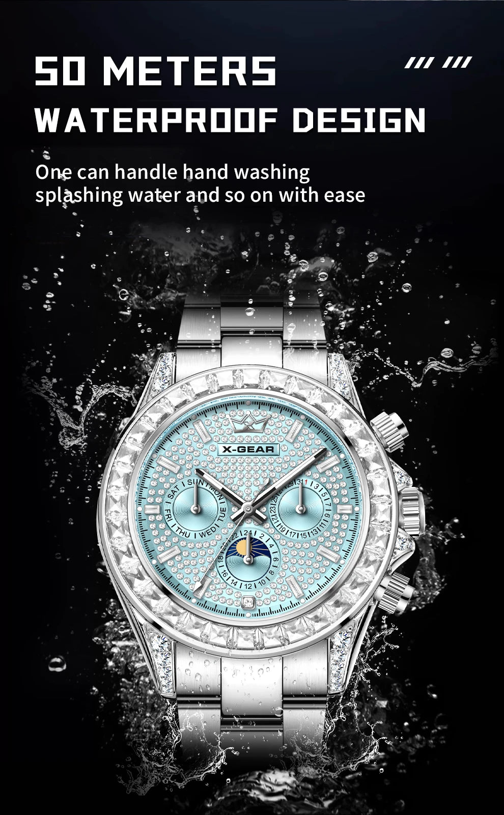 X-GEAR Men's Watch Automatic Mechanical with Diamond Dial Luminous Moon Phase Water-Resistant (Gift)