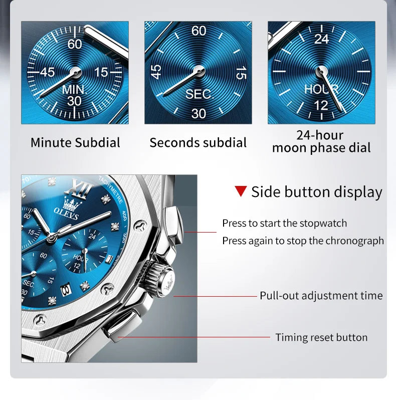 OLEVS Men's Watches Classic Luxury Top Brand Fine Steel Original Quartz Wristwatch for Man Waterproof Luminous Date Chronograph