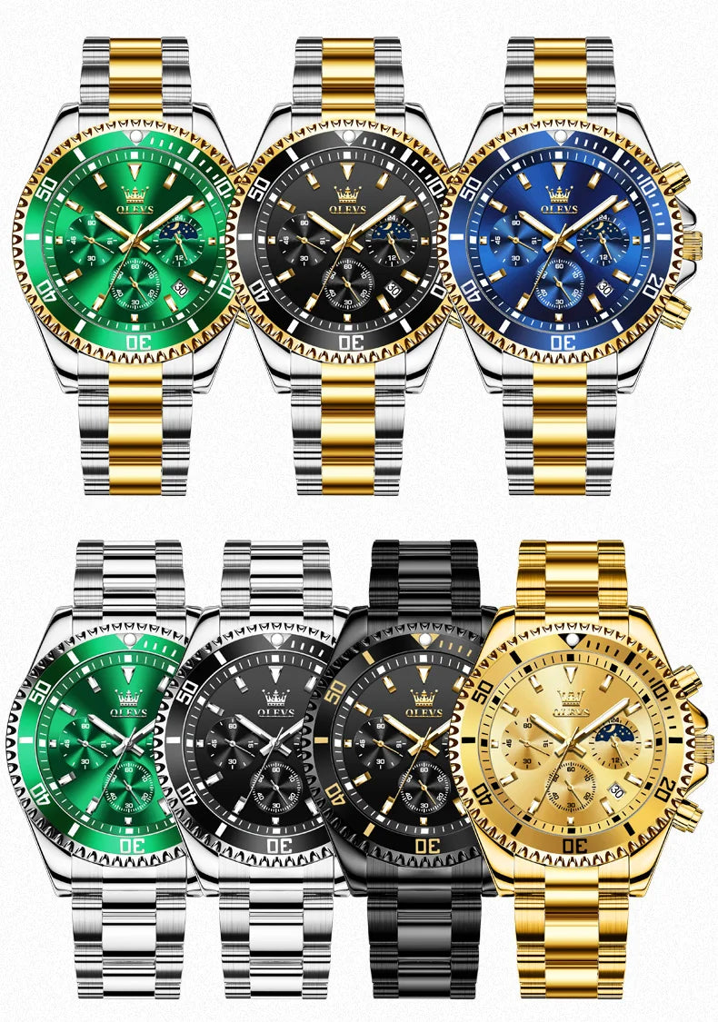 OLEVS Men's Watches Top Brand Luxury Watch for Men Original Waterproof Stainless Steel Chronograph Moon Phase Date Rota Dial