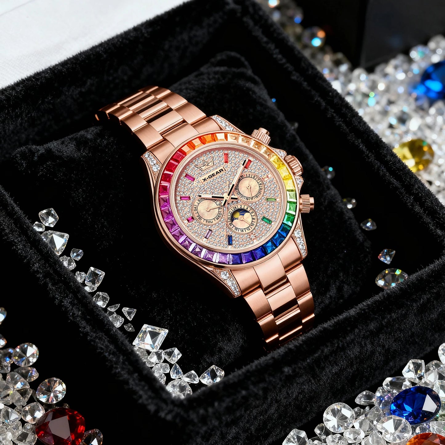 X-GEAR Men's Watch Automatic Mechanical with Diamond Dial Luminous Moon Phase Water-Resistant (Gift)