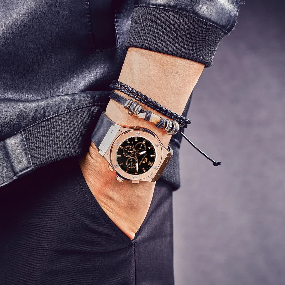 Automatic Watches for Men Mechanical Movement Rose Gold Silver Black Case White Rubber Casual Sports Geneve Watch