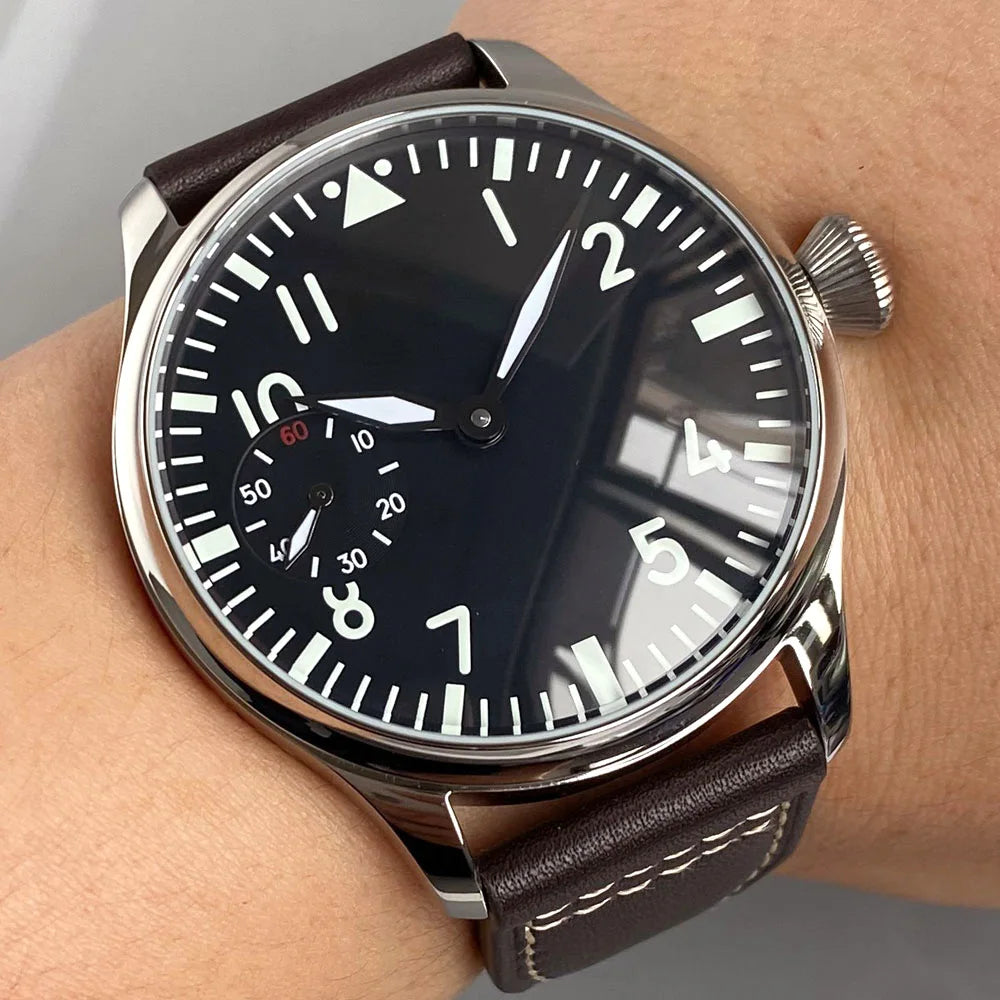 Retro Watch for Men Asia 6497 Hand Winding Movement Black White Mechanical Manual Winding Mineral Crystal 44mm Transparent Back