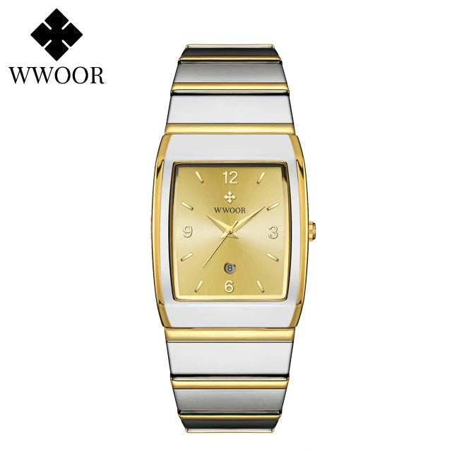 Relogio Masculino WWOOR New Man's Square Watch For Men with Automatic Date Luxury Stainless Steel Gold Mens Quartz Wrist Watches