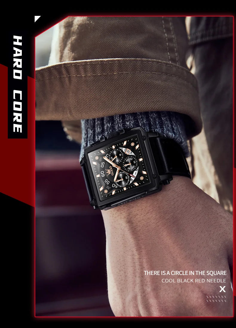 OLEVS 9919 Men Watch Fashion Square Dial Leather Strap Chronograph Waterproof Sports Clock Luxury Original Quartz Wristwatch Man