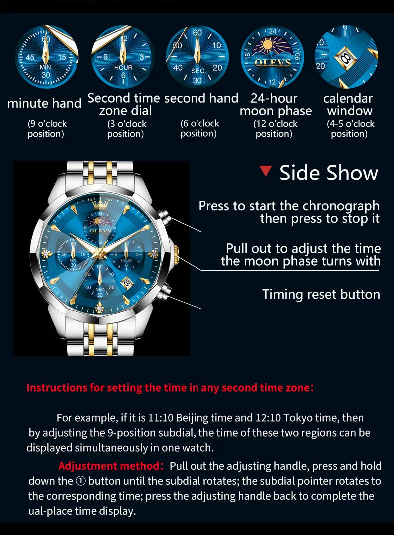OLEVS Hot Sale Men's Watches Original Brand Quartz Watch Rhombus Mirror Waterproof Luminous Chronograph Moon Phase Watches 3673