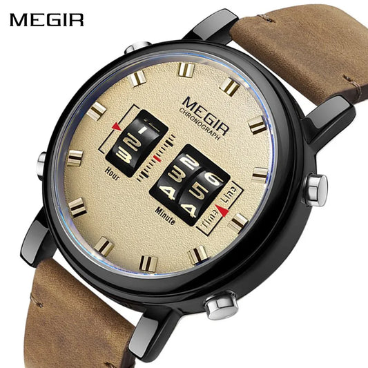 MEGIR Luxury Brand Men Sport Casual Watches Leather Strap Digital Roller Pointer Quartz Wristwatch Clock Relogio Masculino 2137
