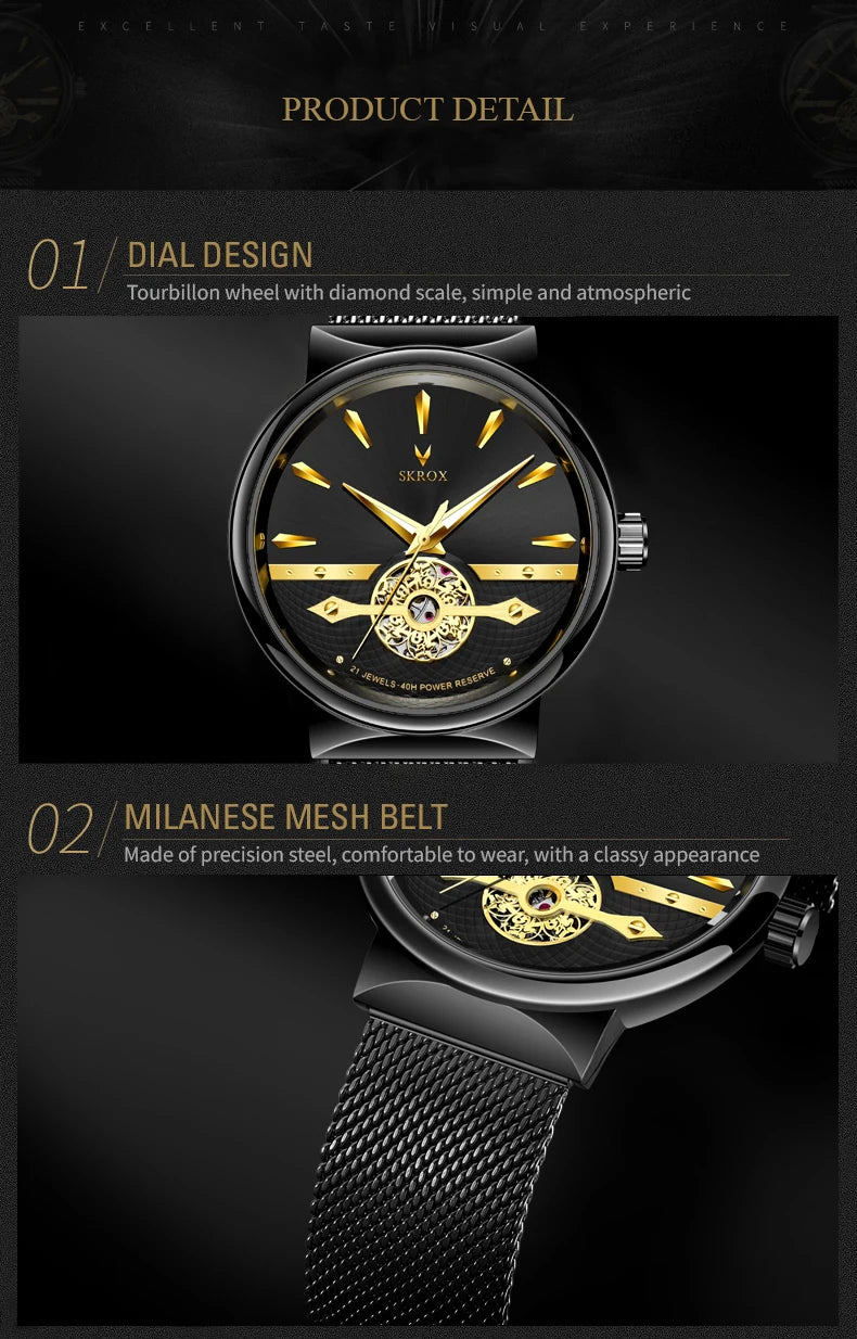 2025 SKROX Original High-End Luxury Elegant Automatic Movement Clockwork Thin Man Watch Mechanical Waterproof Male Wrist Watches