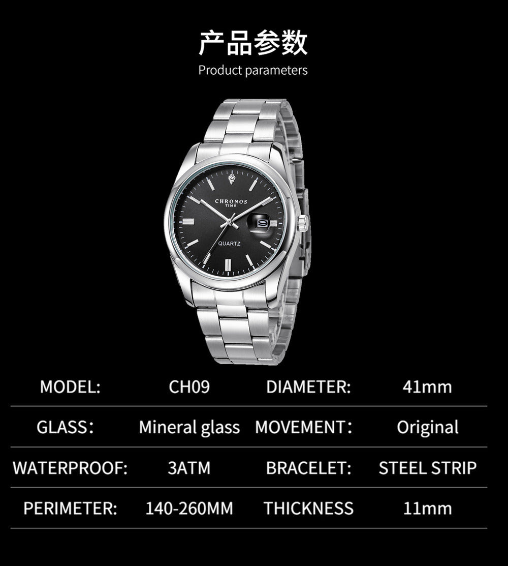 CHRONOS Top Brand Luxury Man Wristwatch Waterproof Luminous Date Men Watches Stainless Steel Quartz Men's Watch Male reloj