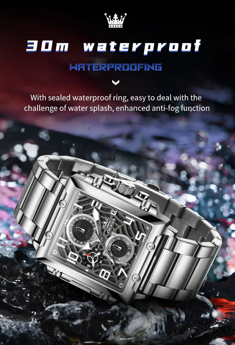 OLEVS 2958 Men Watch Fashion Business Square Quartz Watch Luxury Brand Waterproof Chronograph Formal Sports Men Watch Box Reloj