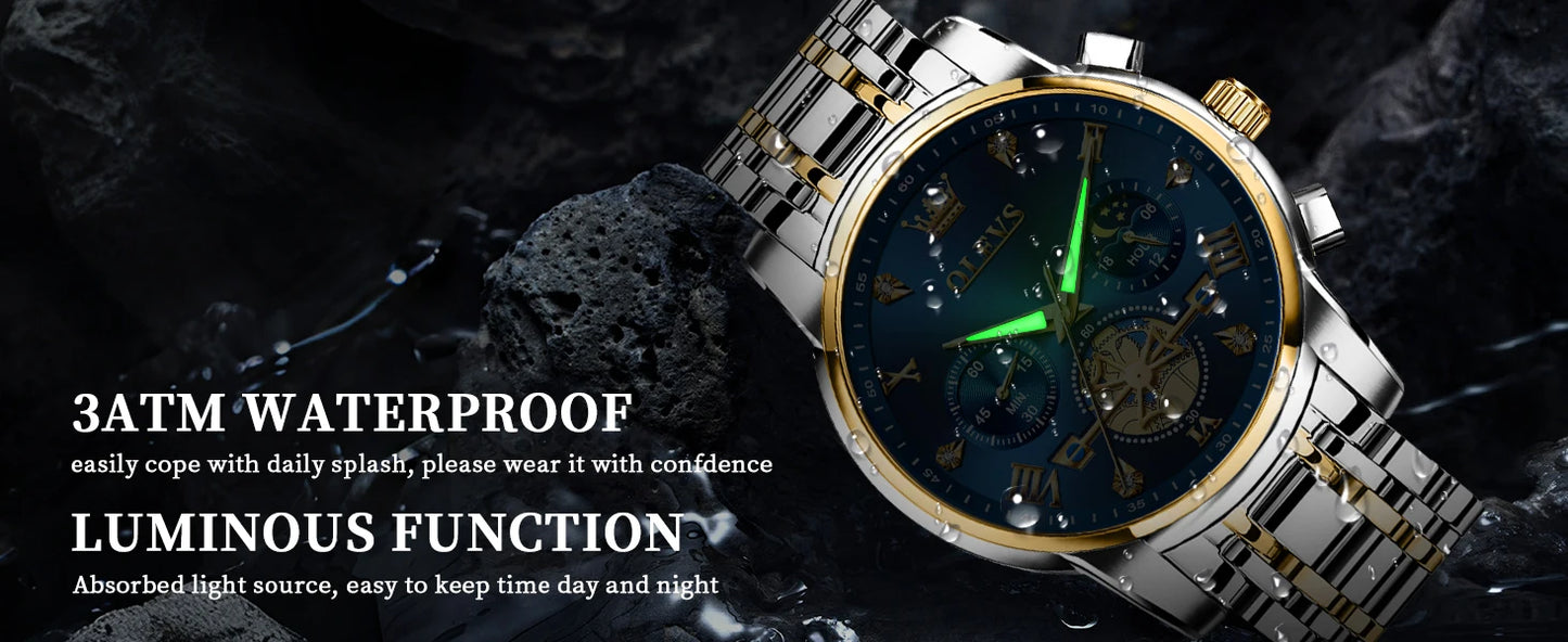 OLEVS Luxury Brand Men's Watch Classic Roman Scale Flywheel Design Moon Phase Waterproof Quartz Watch for Men Original 2856