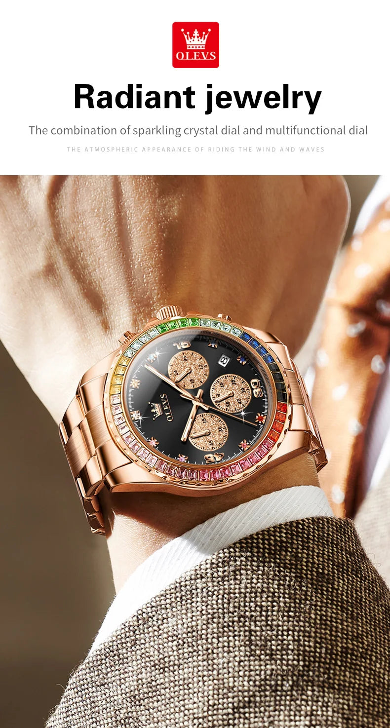 Watches For Men OLEVS Original Rainbow Gem Light Rose Gold Luxury Series Quartz Watch Waterproof Steel Strap Men's Watch New