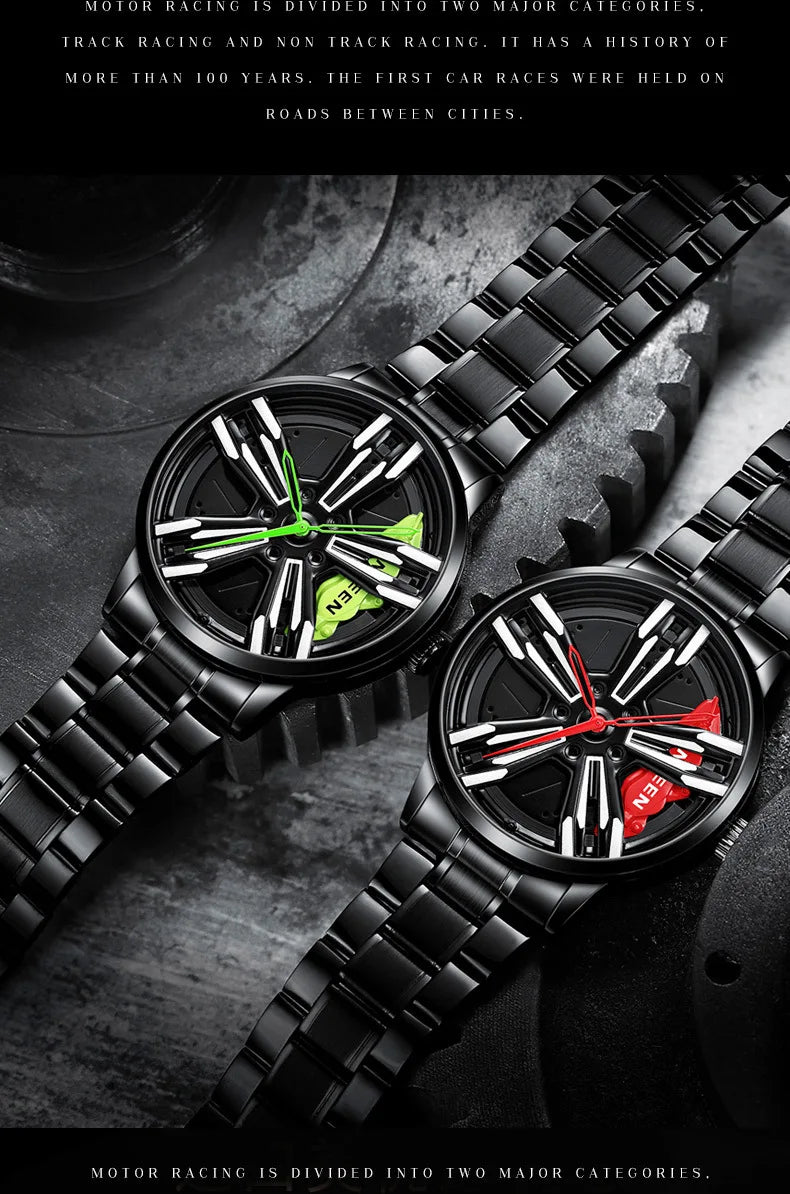 2025 New Racing Watches Men Custom Design Super Car Rim Watch Stainless Steel Black Retro Waterproof Watch Relogio Masculino