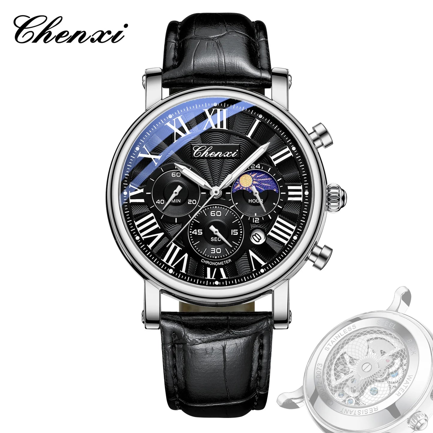 Watches For Men Leather Sweeping Second See-through Quartz Movement Waterproof Moon Phase Chronograph Wristwatch Men's Watch