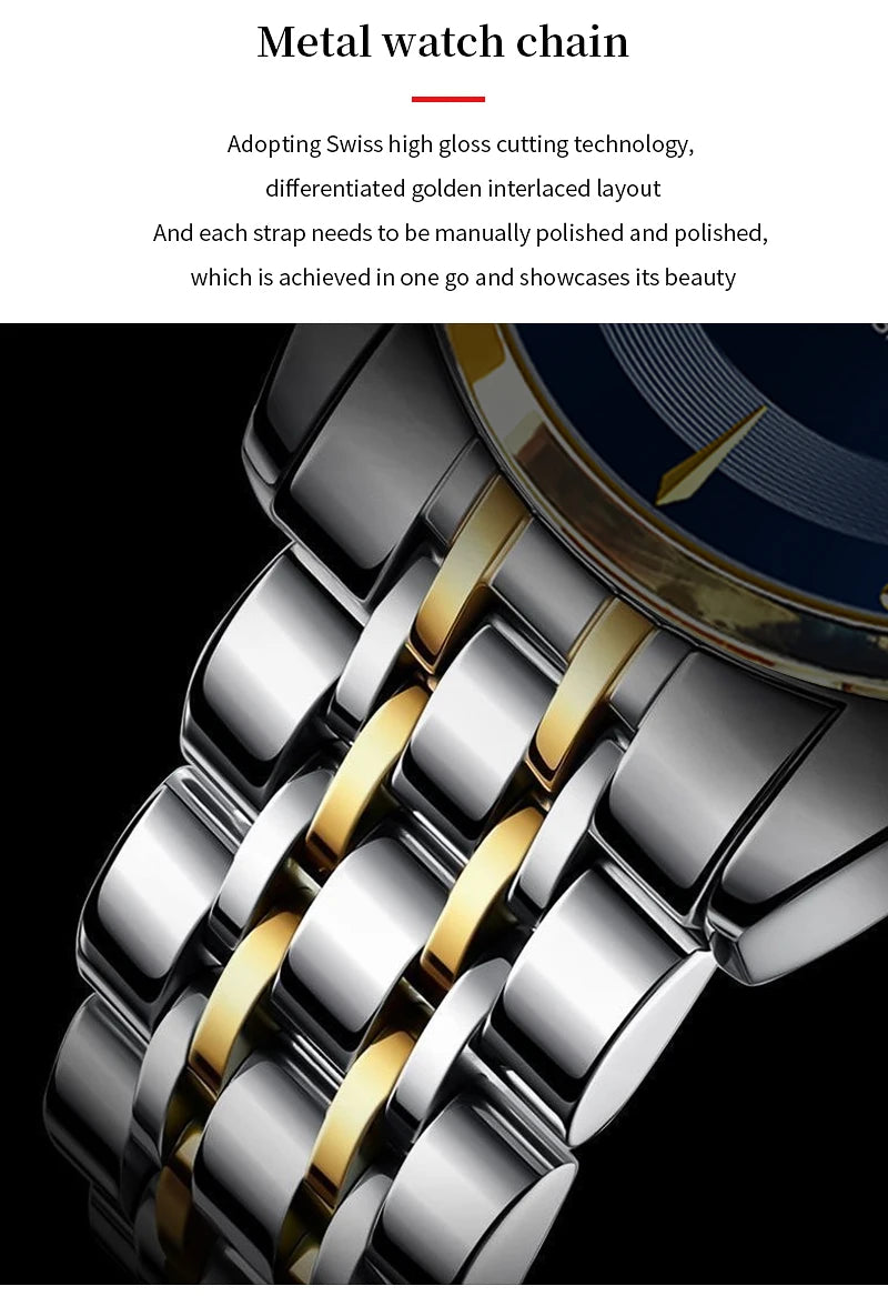 2024 New Men Watch Stainless Steel Business Style Luxury Rhinestone 43mm Blue Gold Quartz Movement Wristwatch Relogios Masculino