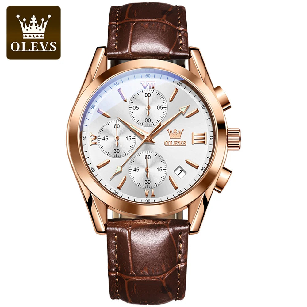 OLEVS 2872 Chronograph Men's Wristwatches Leather Strap Waterproof Luminous Original Quartz Watch for Men Luxury Sport Man Watch