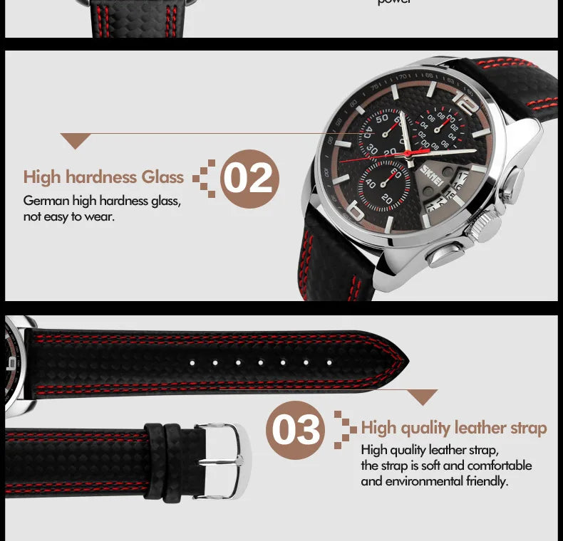 Skmei Top Brand Luxury Leather Strap 5Bar Waterproof Quartz Wristwatches Relogio Masculino Fashion Sport Mens Watches 9106
