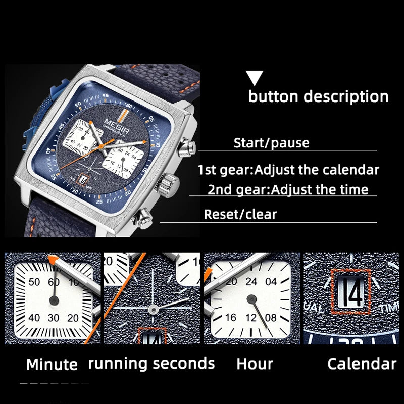 MEGIR Square Dial Chronograph Quartz Watches for Men Fashion Blue Leather Strap Casual Sport Wristwatch with Date 24-hour 2182