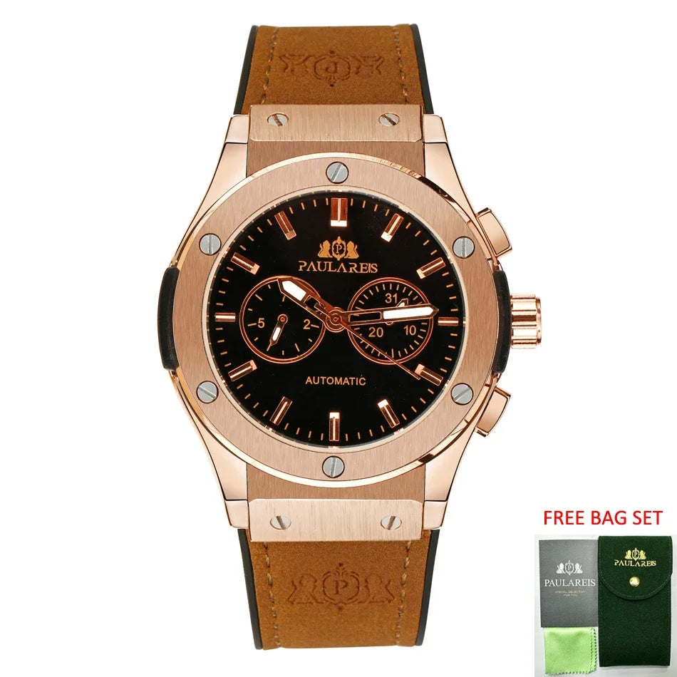 Automatic Watches for Men Mechanical Movement Rose Gold Silver Black Case White Rubber Casual Sports Geneve Watch