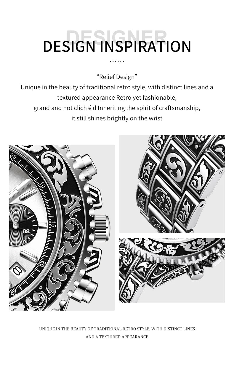 Retro Luxury Watches for Man Automatic Watch Sculpture Wrist Watch Waterproof Stainless Steel Watch Men's Clock Vintage reloj