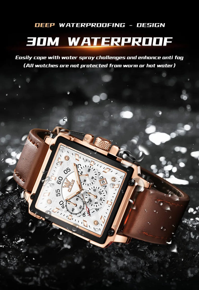 OLEVS 9919 Men Watch Fashion Square Dial Leather Strap Chronograph Waterproof Sports Clock Luxury Original Quartz Wristwatch Man