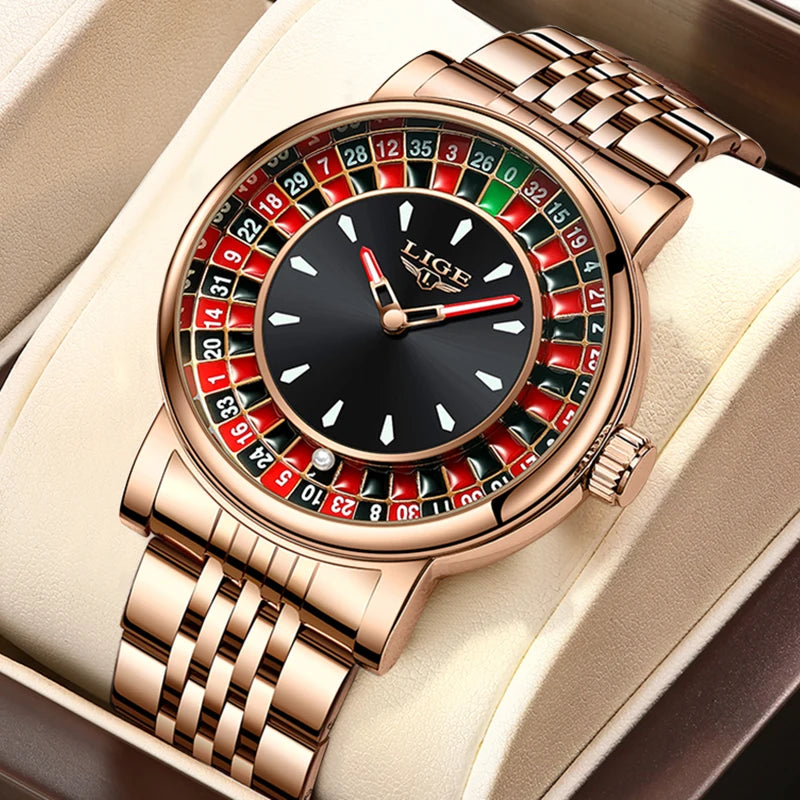 LIGE Men Watch Top Brand Luxury Arabic Numerals Rotating Dial Roulette Quartz Watches For Men Waterproof Luminous Man Wristwatch