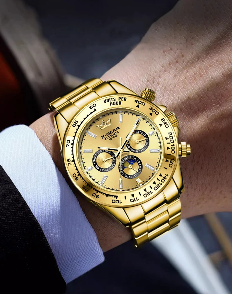 New Luxury Men's Watch – Automatic Mechanical Triple Sub-Dial Six-Hand Water-Resistant Luminous Stainless Steel Wristwatc