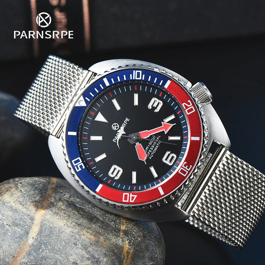 Luxury Men's Casual Red and Blue Watch, Fashionable Party Watch with NH35 Automatic Movement, Sapphire Glass, GMT Ceramic Bezel,