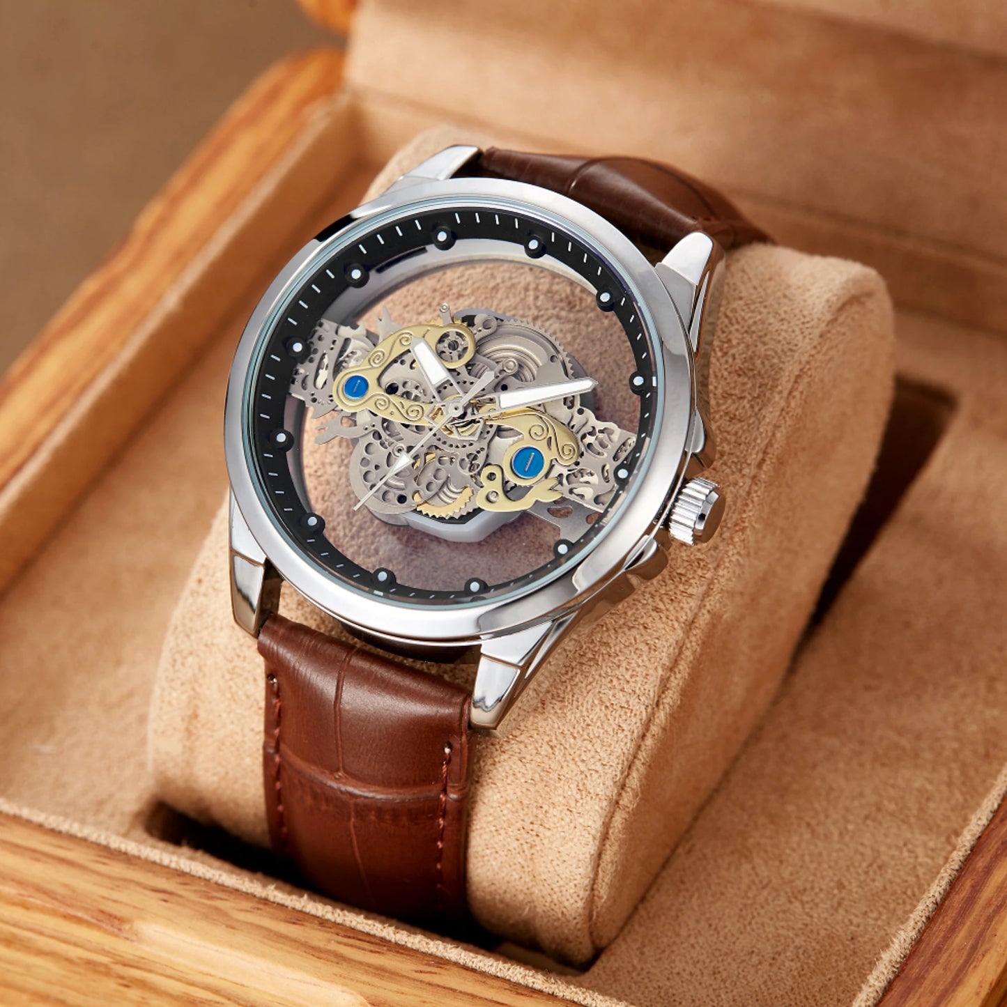 New Men's Watches Top Brand Luxury Original Waterproof Quartz Watch for Man Gold Skeleton Style 24 Hour Day Night часы мужские