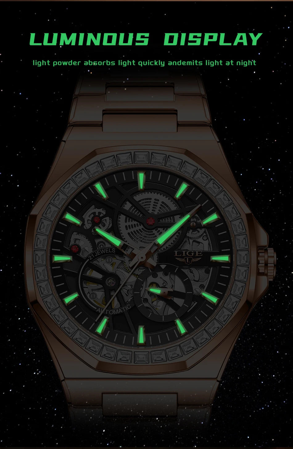 LIGE New Luxury Rose Gold Waterproof Watches For Men Casual Business Watch Men Luminous Automatic Men's Mechanical Wristwatch