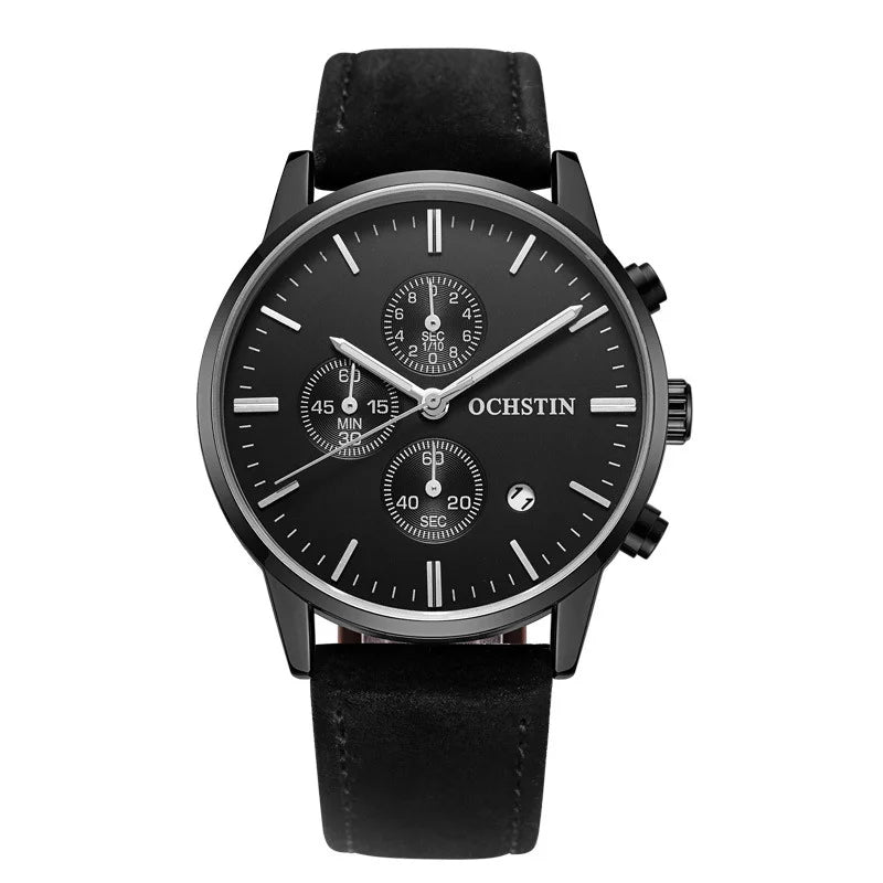 Quartz Watch for Man Multifunctional Chronography Series with 42mm Dial and 10mm Thickness Leather Strap Waterproof 3ATM