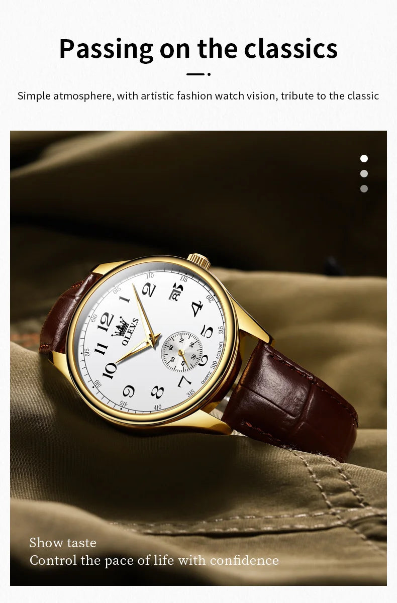 OLEVS 3622 Chronograph Quartz Watch for Men Fashion Leather Strap Luminous Waterproof Classic Digital Dial Top Men's Wristwatch