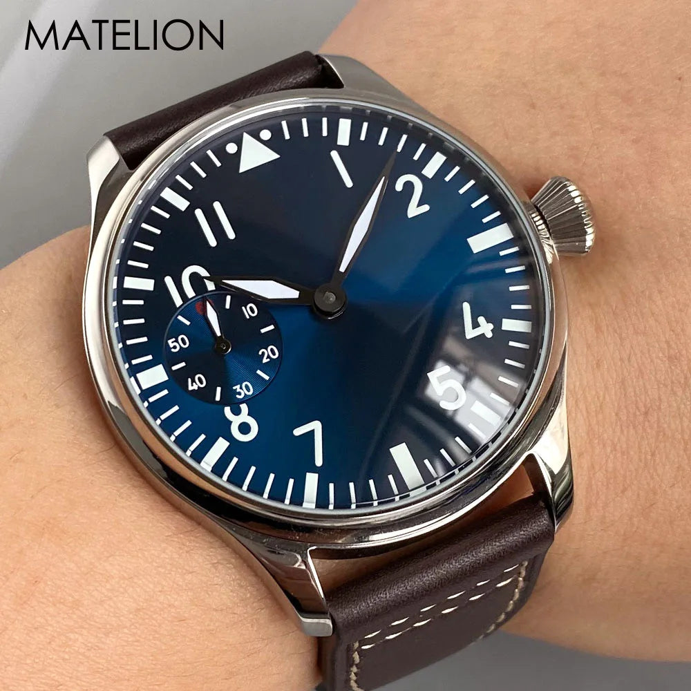 Retro Watch for Men Asia 6497 Hand Winding Movement Black White Mechanical Manual Winding Mineral Crystal 44mm Transparent Back