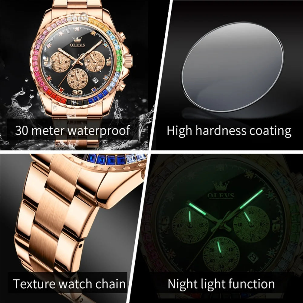 Watches For Men OLEVS Original Rainbow Gem Light Rose Gold Luxury Series Quartz Watch Waterproof Steel Strap Men's Watch New