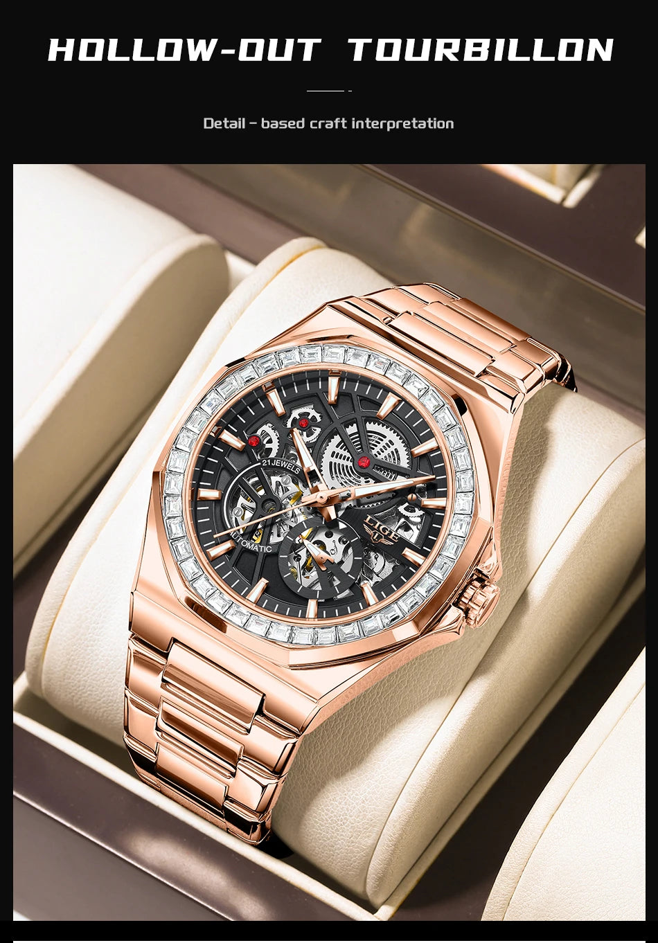 LIGE New Luxury Rose Gold Waterproof Watches For Men Casual Business Watch Men Luminous Automatic Men's Mechanical Wristwatch