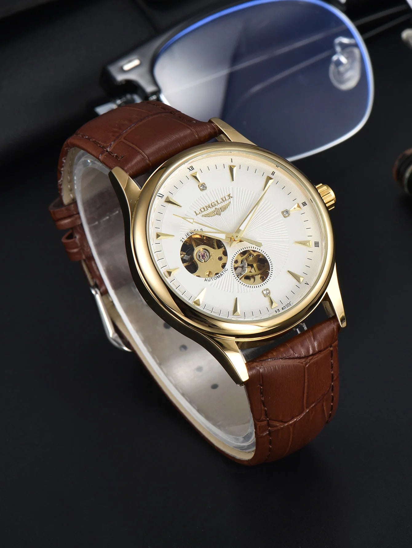 Automatic watch elegant skeleton waterproof mechanical watches leather simple rome mens watch men gift
