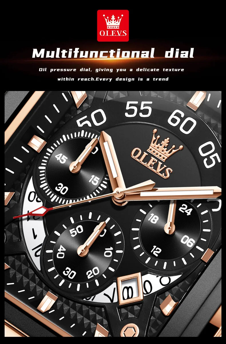 OLEVS 9919 Men Watch Fashion Square Dial Leather Strap Chronograph Waterproof Sports Clock Luxury Original Quartz Wristwatch Man