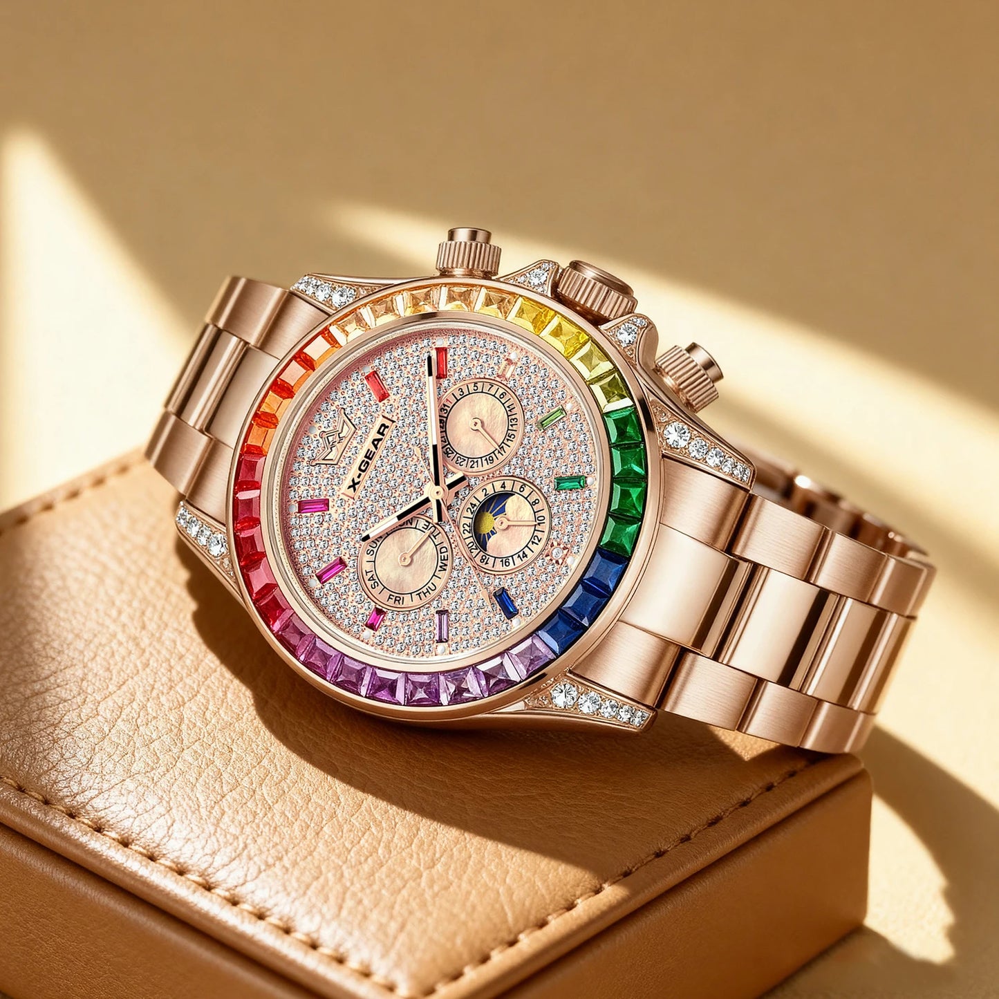 Luxury Men's Rose Gold Watch Colorful Gemstone Bezel 6-Pin Display Waterproof Mechanical Watch for Elegant Fashion
