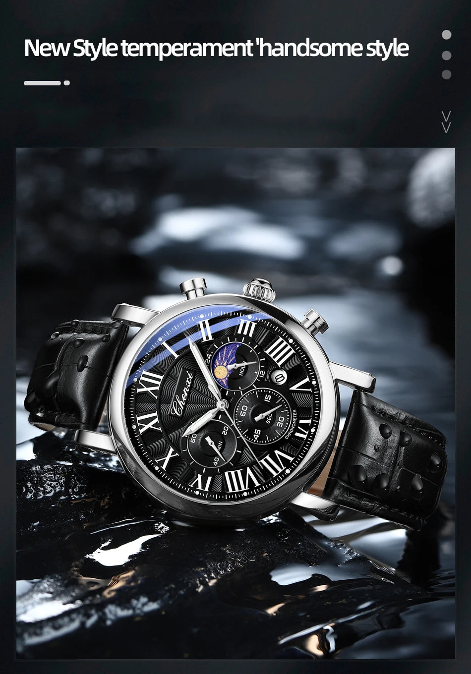 Watches For Men Leather Sweeping Second See-through Quartz Movement Waterproof Moon Phase Chronograph Wristwatch Men's Watch