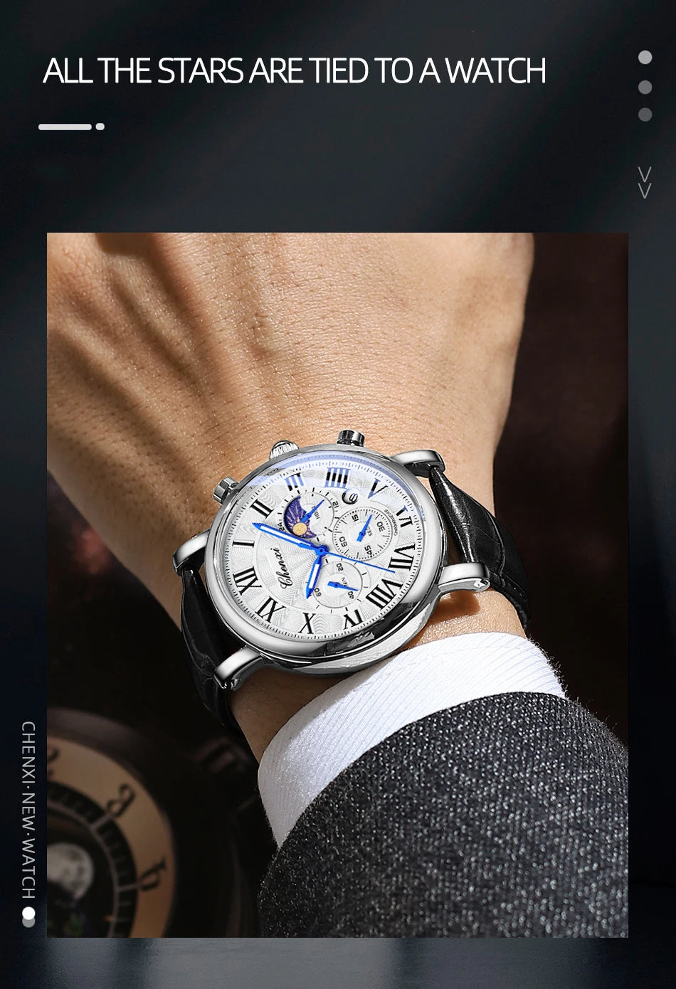 Watches For Men Leather Sweeping Second See-through Quartz Movement Waterproof Moon Phase Chronograph Wristwatch Men's Watch