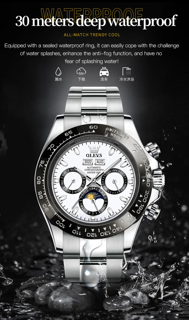 OLEVS 6654 Mens Watch Chronograph Automatic Mechanical Wristwatch Light Luxury Waterproof Luminous Function Brand Watch for Man