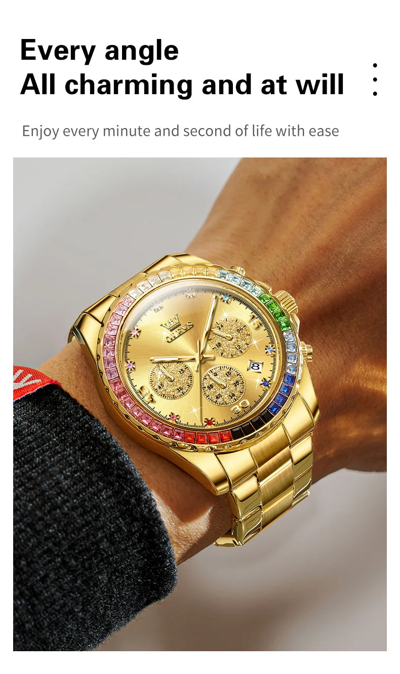 Watches For Men OLEVS Original Rainbow Gem Light Rose Gold Luxury Series Quartz Watch Waterproof Steel Strap Men's Watch New