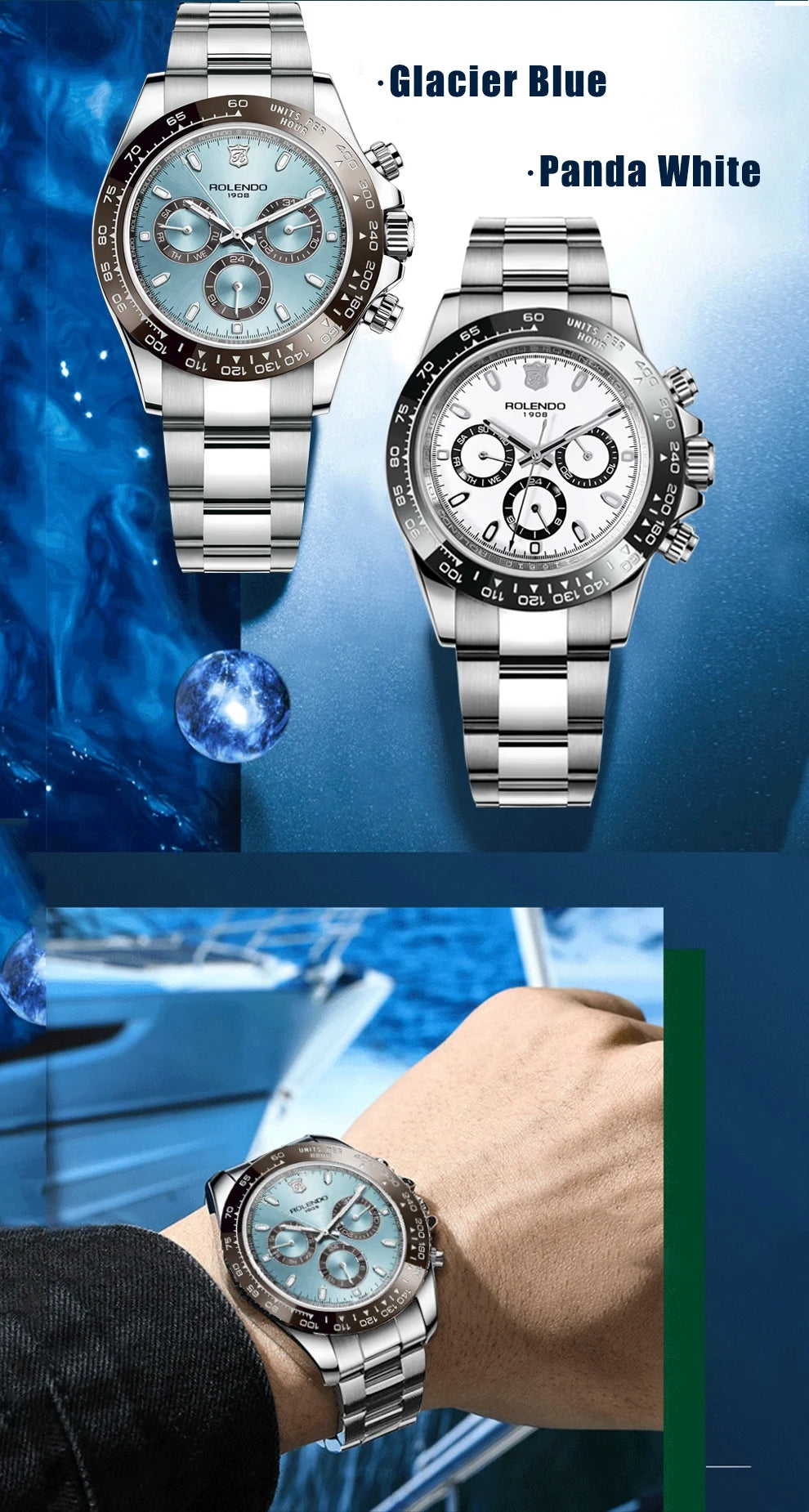 ROLENDO Luxury Men Automatic Diver Watch 40.5mm Mineral Crystal Luminous Date 300M Waterproof High-end Men's Wristwatch Gift