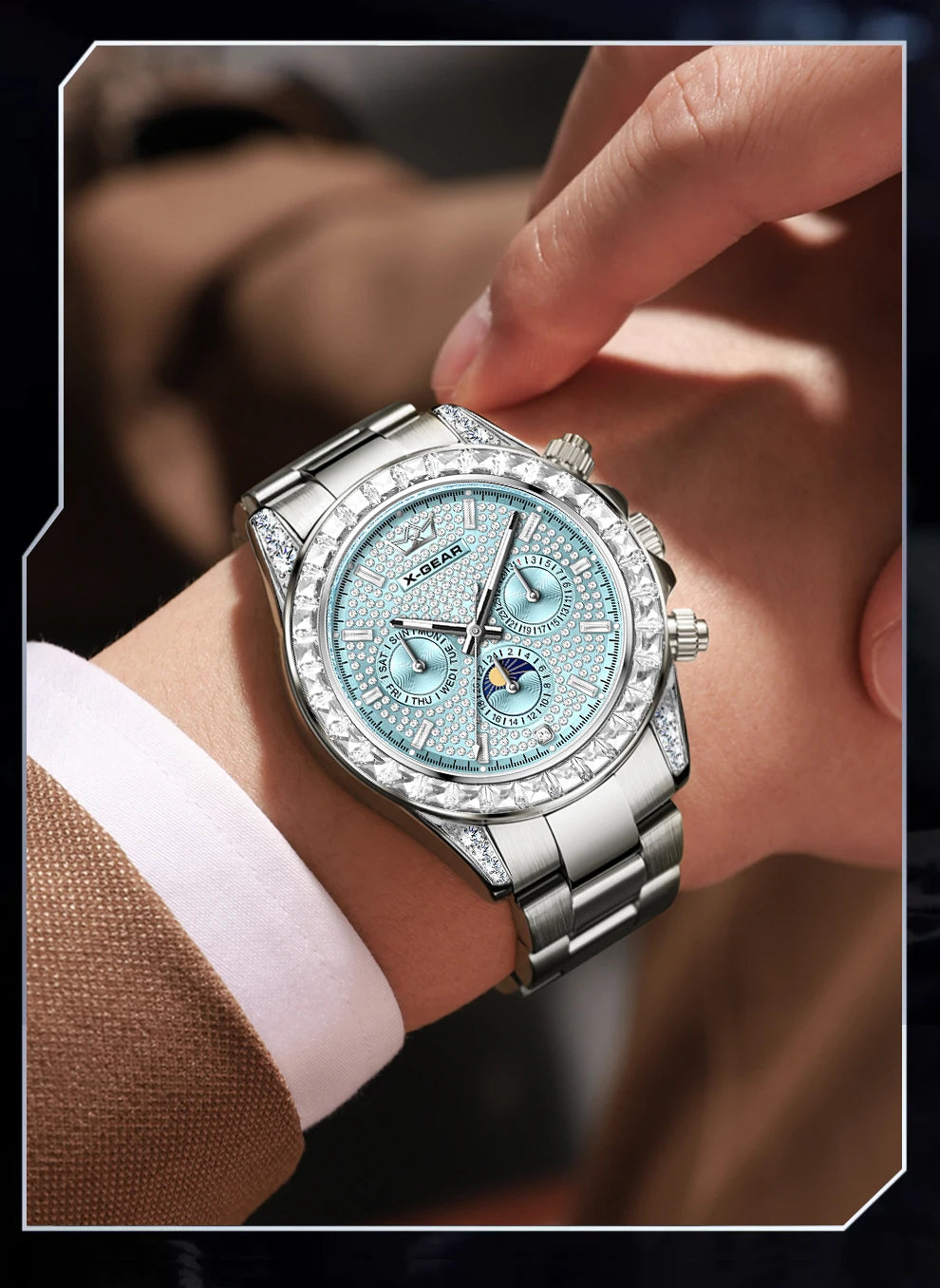 X-GEAR Men's Watch Automatic Mechanical with Diamond Dial Luminous Moon Phase Water-Resistant (Gift)